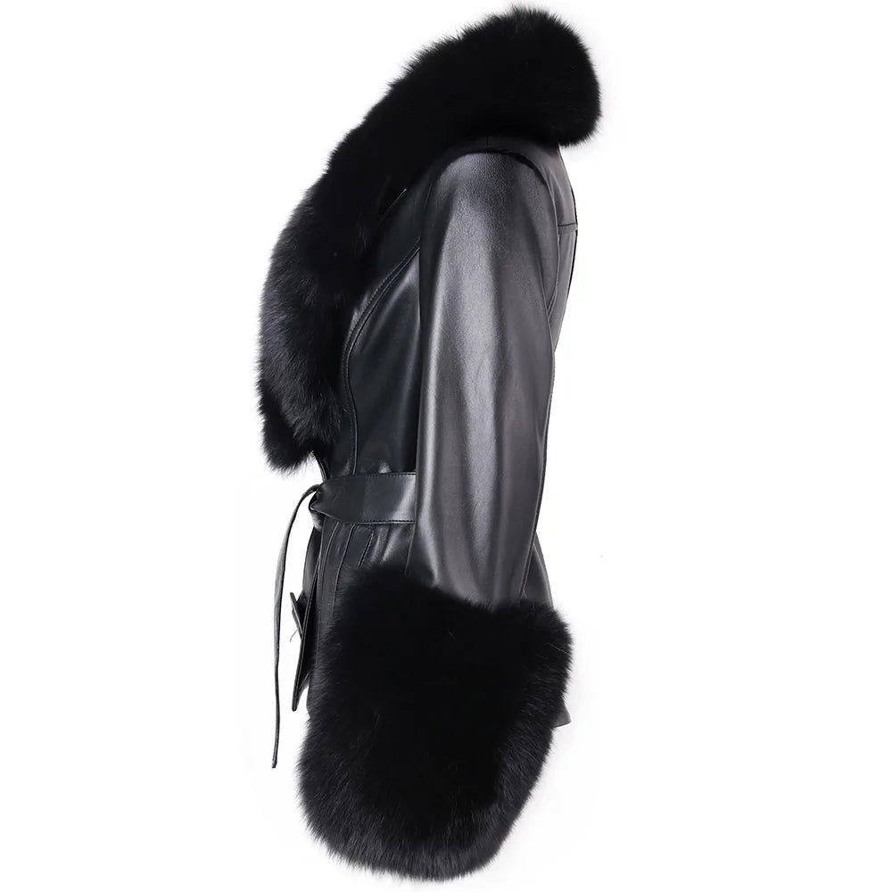 YOLOAgain Women's Real Fox Fur Collar Sheepskin Leather Jacket Coat Autumn 2025
