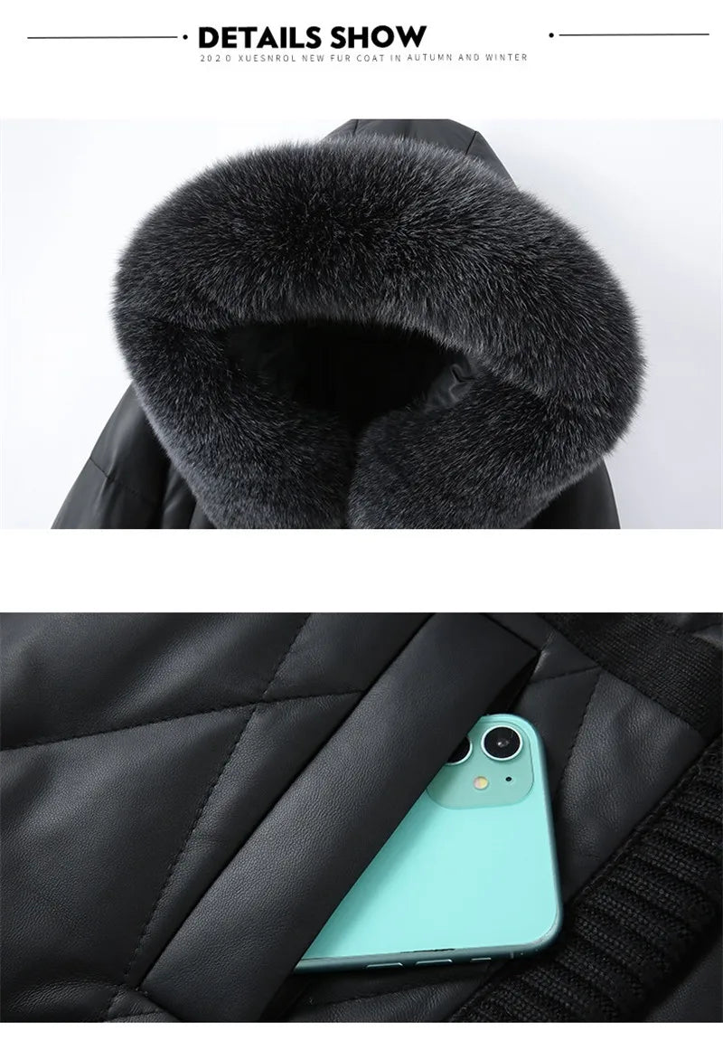 2022 High Quality Sheepskin Down Jacket Women Winter Coat Fox Fur Collar Hooded Natural Leather White Duck Down Outerwear KW1213