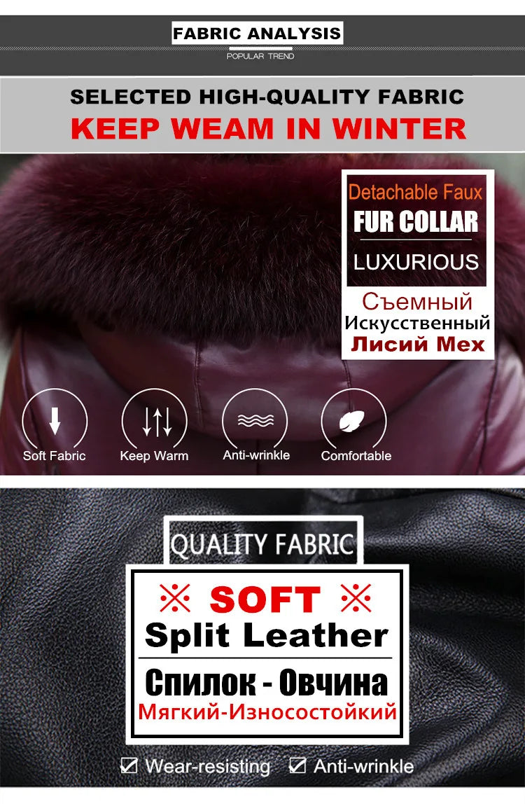 L-8XL Women Leather Coat Winter 2026 Fashion Mother Jacket Thicken Warm Outerwear Fur Collar Hooded Sheepskin Overcoat Female