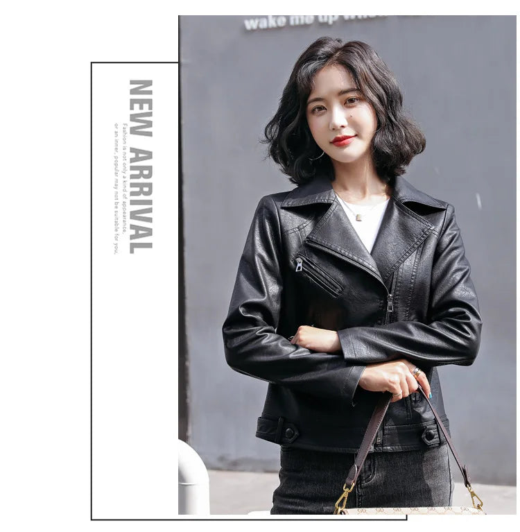 New Women Classic Leather Coat Spring Autumn 2025 Fashion Suit Collar Slim Short Sheepskin Outerwear Biker Leather Jacket Female
