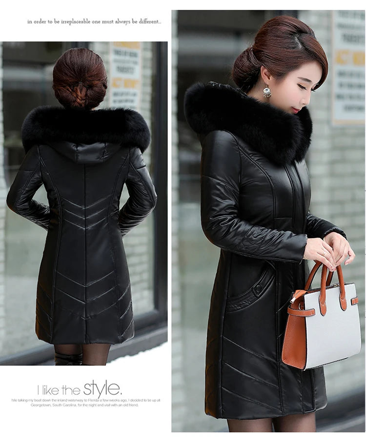 L-8XL Women Leather Coat Winter 2026 Fashion Mother Jacket Thicken Warm Outerwear Fur Collar Hooded Sheepskin Overcoat Female