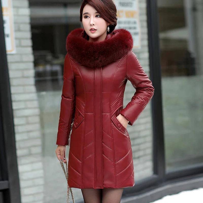 L-8XL Women Leather Coat Winter 2026 Fashion Mother Jacket Thicken Warm Outerwear Fur Collar Hooded Sheepskin Overcoat Female