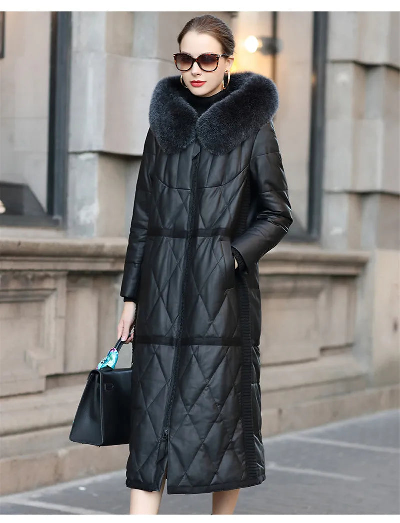 2022 High Quality Sheepskin Down Jacket Women Winter Coat Fox Fur Collar Hooded Natural Leather White Duck Down Outerwear KW1213