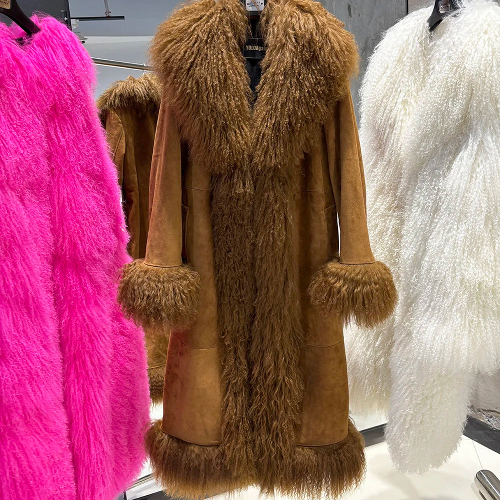 YOLOAgain Mongolia Sheep Fur Collar Real Leather Coat Women Suede Jacket 2025 Winter Outerwear