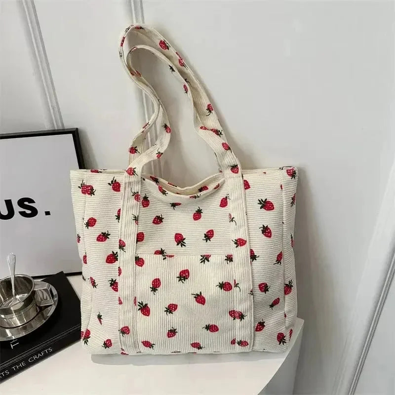 Corduroy Handbag Strawberry Print Beach Bag Fashion Large Capacity Tote Bag for Women Versatile Commuter Shoulder Bag Bolsos