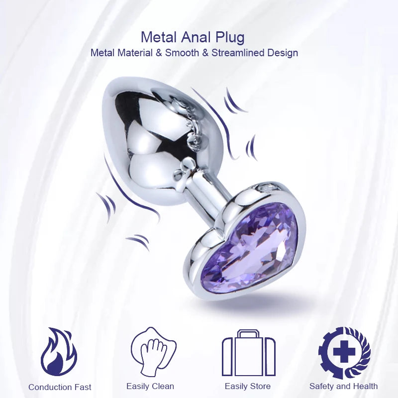 Stainless Metal Anal Plug With Gem Base Heart Shaped Circular Anal Plug G-point Massage Sexual Wellness for Men Women Anal Train