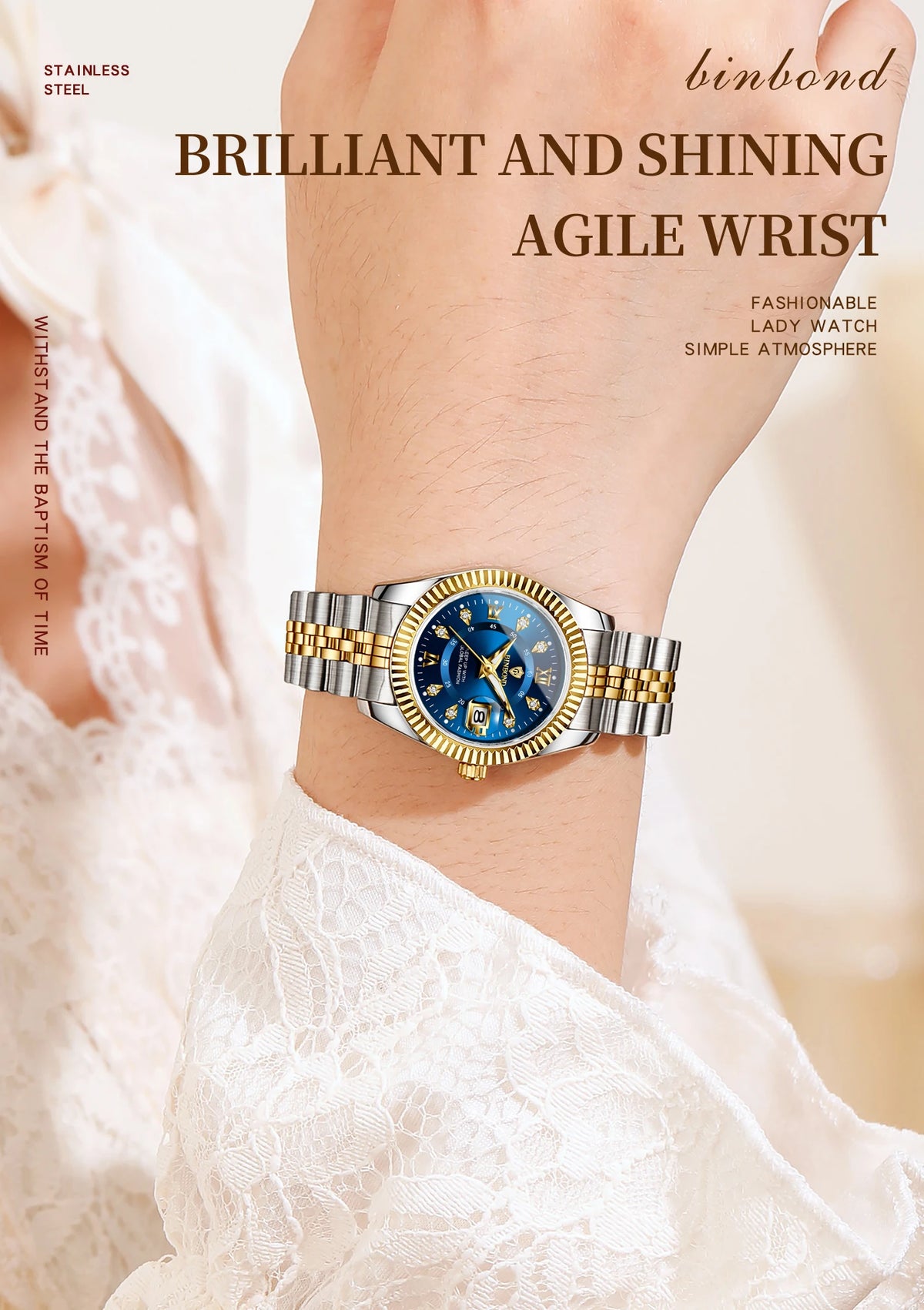 BINBOND Quartz Watches For Women Luminous Waterproof Stainless Steel Ladies Watch Montre Femme Luxe De Marque Reloj With Box