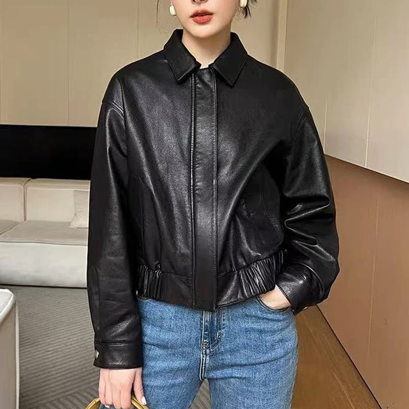 Genuine Leather Jacket for Women Sheepskin Leather Short Coat Female Collar Cropped Veste Woman Clothing Basic Daily Outfit