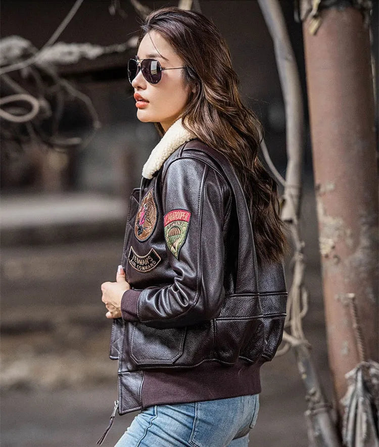 Dark Brown G1 Pilot Leather Jacket Women Military Style Plus Size 3XL Natural Cowhide Autumn Aviation Genuine Leather Coats
