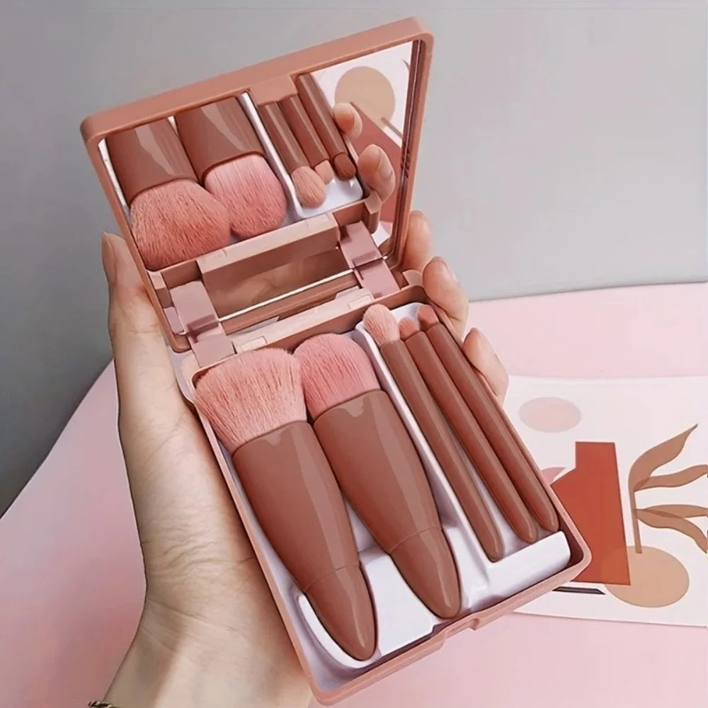 Cosmetic Brush 5PCS Portable Makeup Brush Travel with Mirror Box Makeup Set Brush Loose Powder Brush Blush Brush Eyeshadow Brush