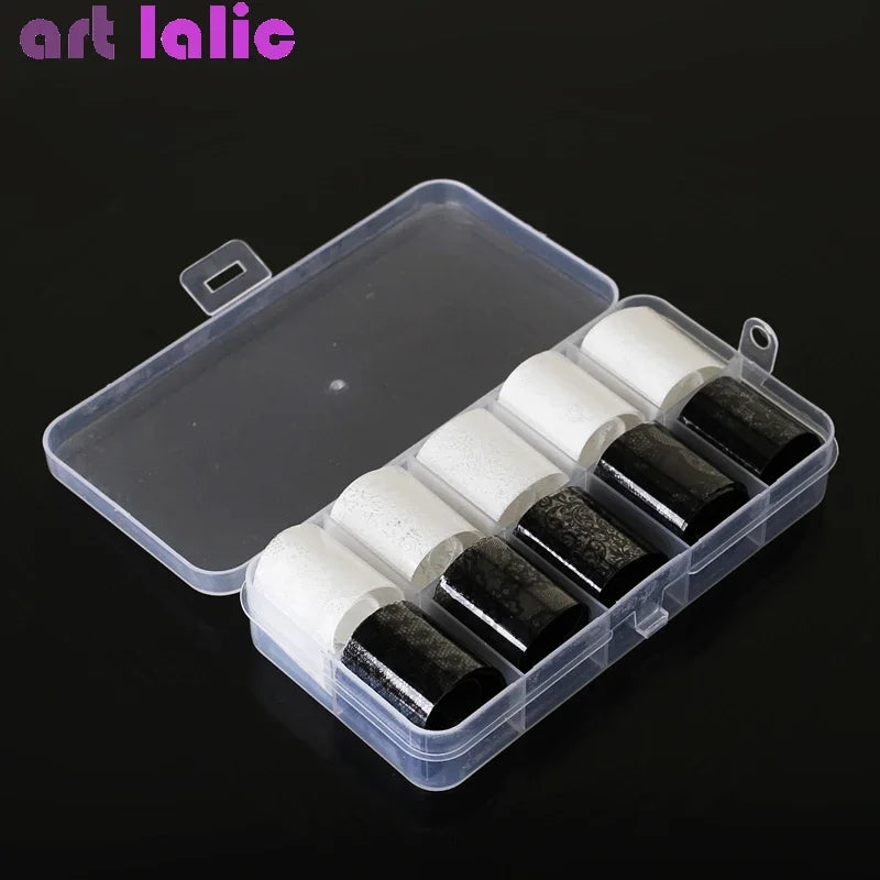 10 Rolls 2.5*60cm New Black White Lace Transfer Foil Nail Art Sexy Full Wraps Flower Glue Adhesive DIY Manicure Styling Tools