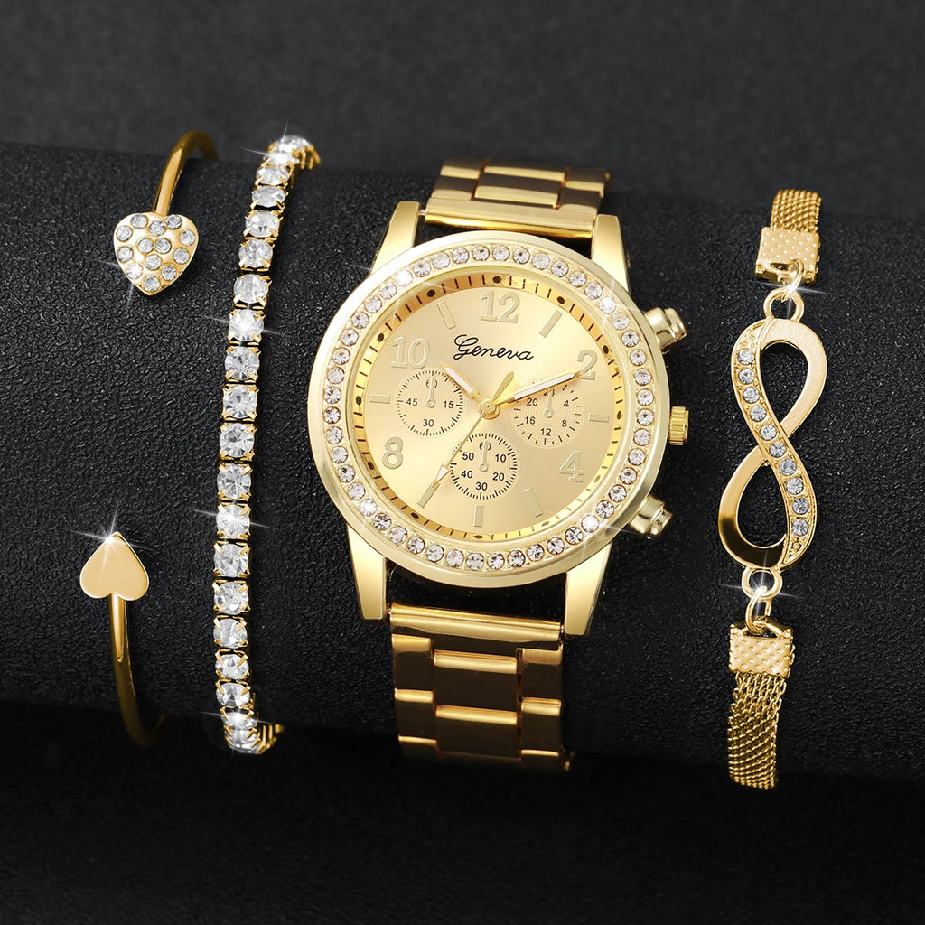 4PCS/Set Fashion Rhinestone Women Watches Luxury Steel Band Ladies Quartz Watch Bracelets Set Reloj Mujer（Without Box）