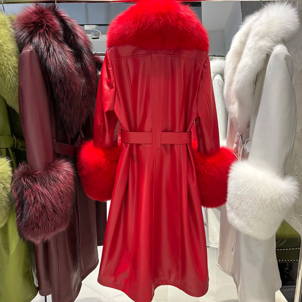 YOLOAgain Burgundy Real Fox Fur Collar Leather Trench Coat Women Genuine Leather Jacket Long Female