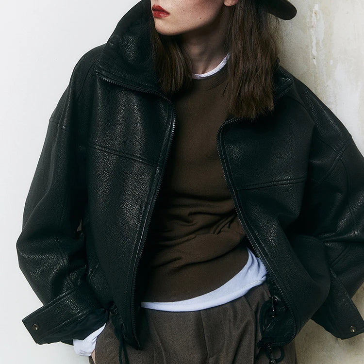 Real Leather Jacket Women Autumn High Stand Collar Drawstring Double Zippers Locomotive Retro Short Sheepskin Coat Kurtka Damska