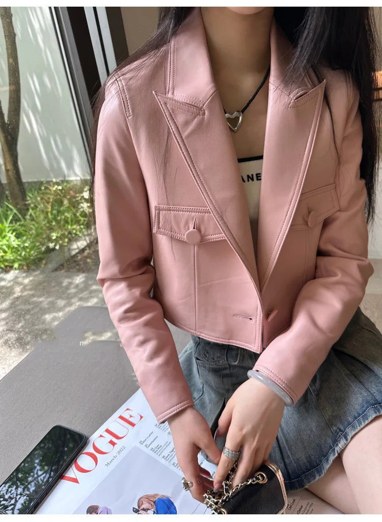 2024 New Short Genuine Leather Blazer Jackets for Women Fashion Pink Lapel Single Button Female Long Sleeve Sheepskin Jackets