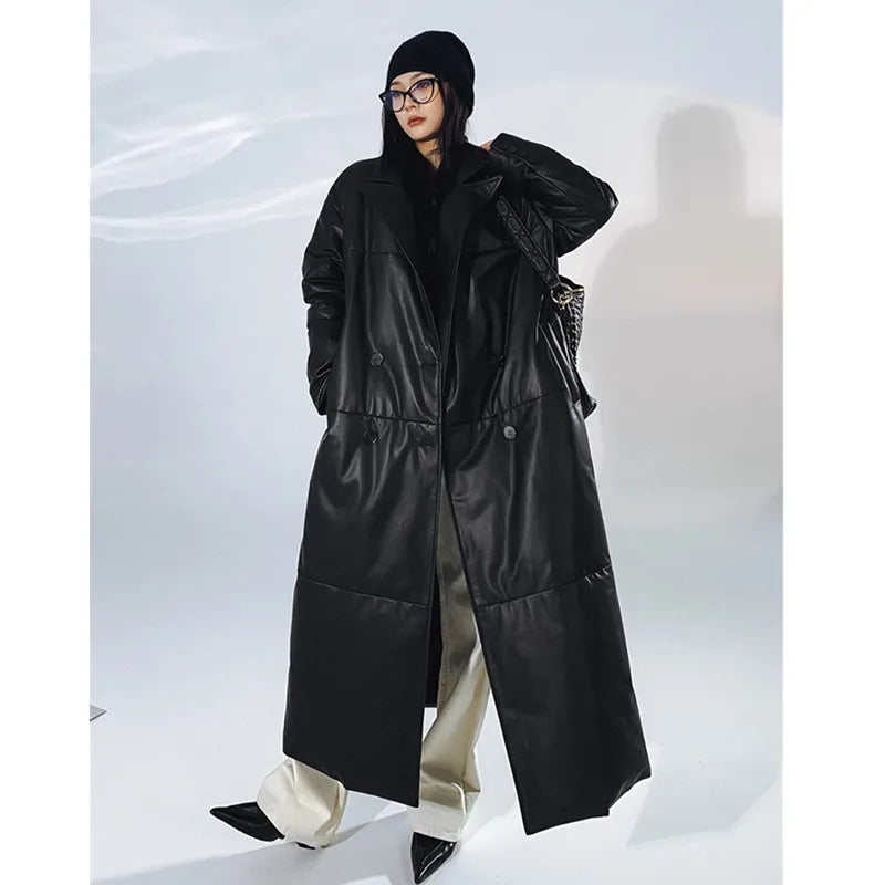 Women's Leather Down Jacket, Loose, Extra Length Design, Goose Down Coat, Suit Collar, Sheepskin Coat, Fashion