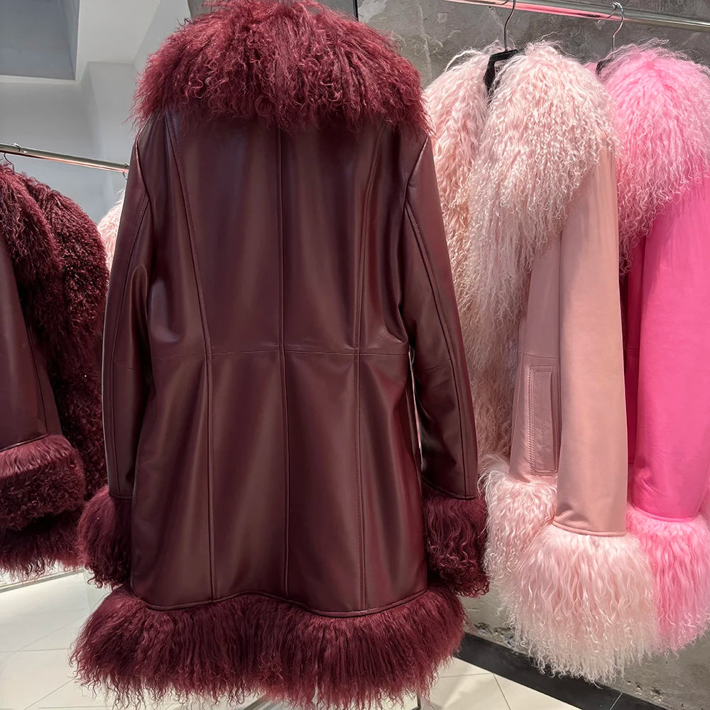 YOLOAgain Mongolia Sheep Fur Jacket Women Real Leather Coat Suede Jacket