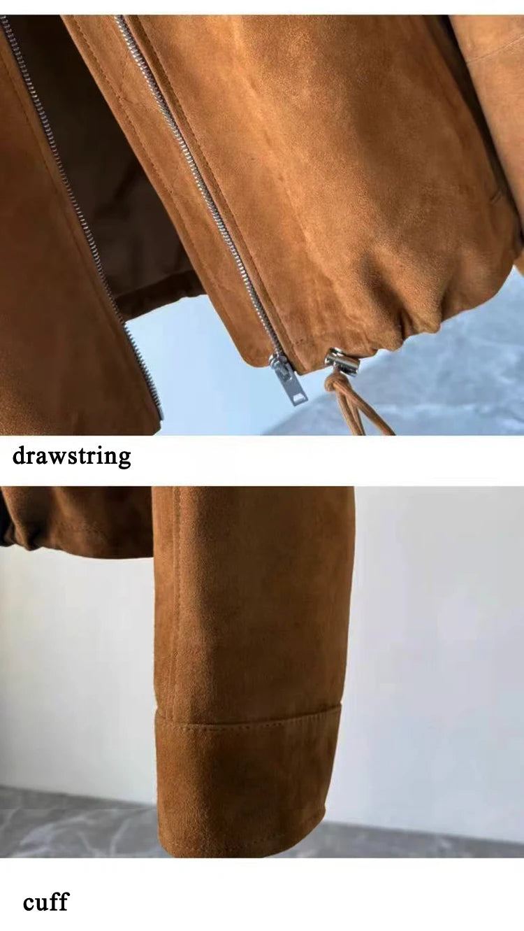 Suede Leather Flower Bud Jacket for Women Trendy Kid Suede Drawstring Silhouette Short Coat Streetwear Chill Casaco Feminino