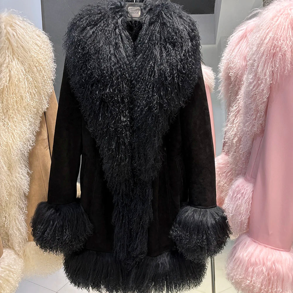 YOLOAgain Mongolia Sheep Fur Jacket Women Real Leather Coat Suede Jacket