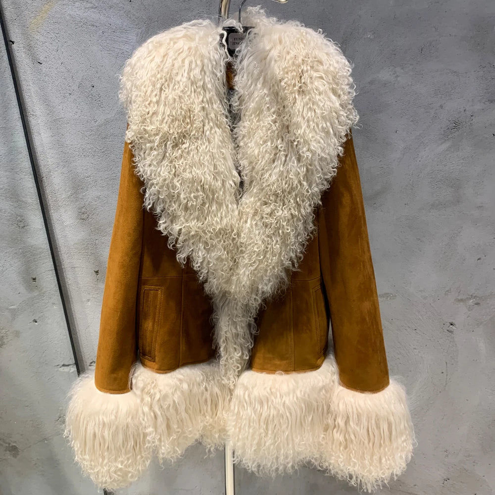 Leopard Print Real Leather Women Coat with Pink Mongolian Fur Luxurious Winter Streetwear for Ladies