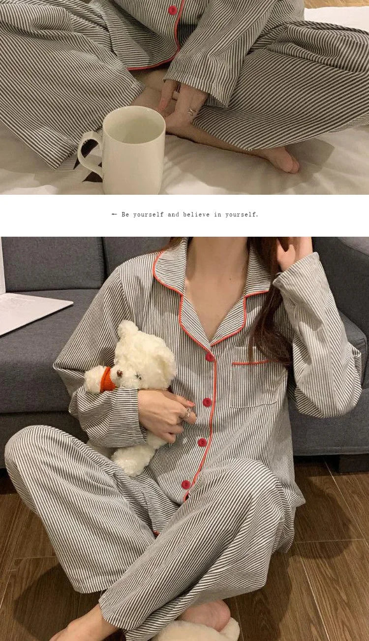 Women's Long Sleeve Loose Breathable Student Sleepwear Loungewear Cardigan Gray Striped Ladies Stripe Fashion Pajamas Homewear