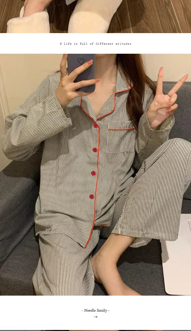 Women's Long Sleeve Loose Breathable Student Sleepwear Loungewear Cardigan Gray Striped Ladies Stripe Fashion Pajamas Homewear