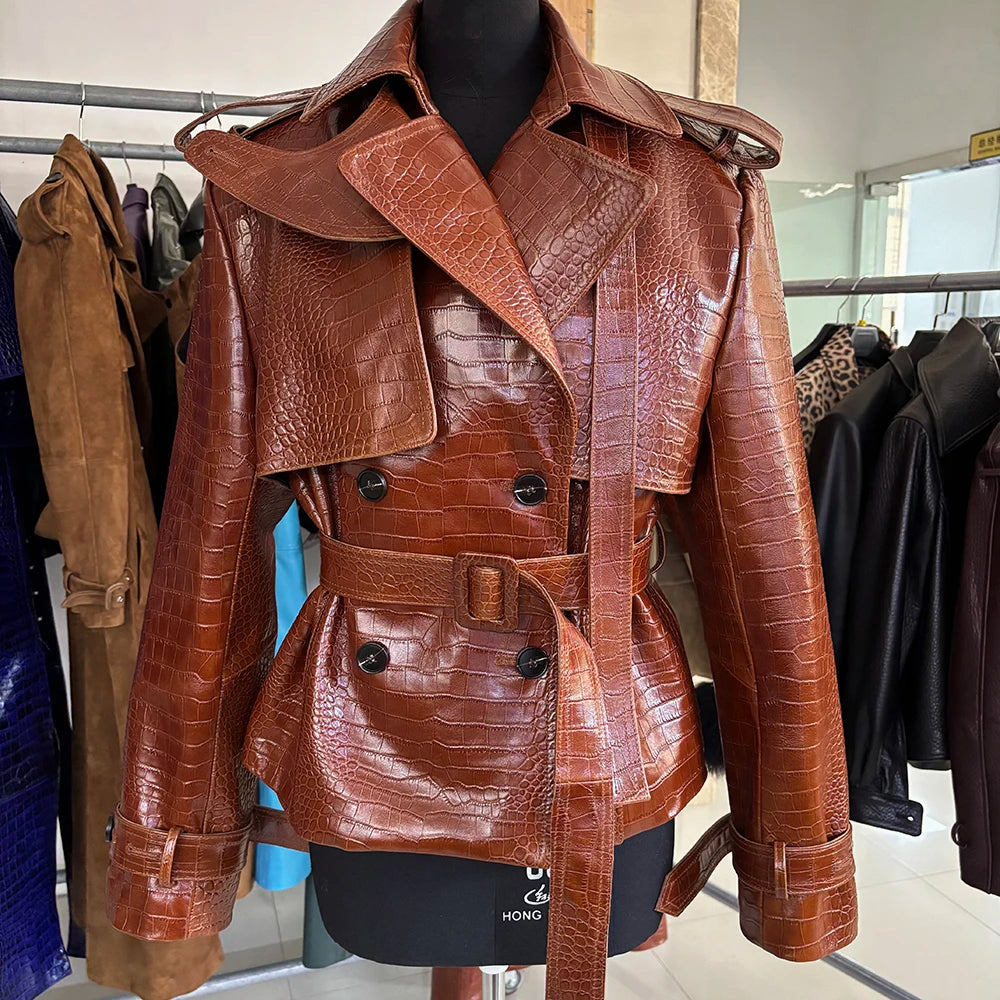 YOLOAgain High Quality Suede Leather Jacket Women With Belt Double Breasted Croc Pattern Jacket Female