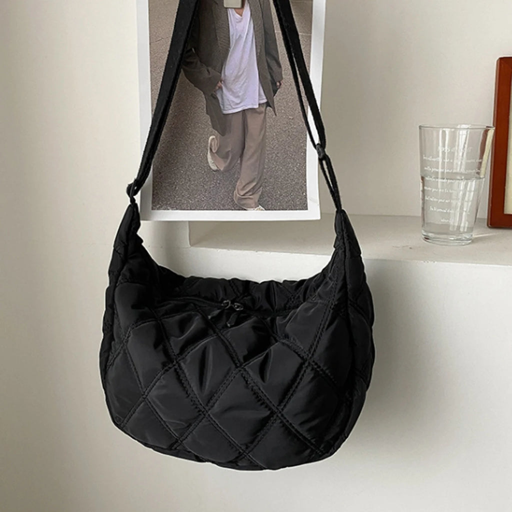 Black diamond check embroidered thread large capacity down Cloud Women's shoulder crossbody dumpling bag (without pendant)