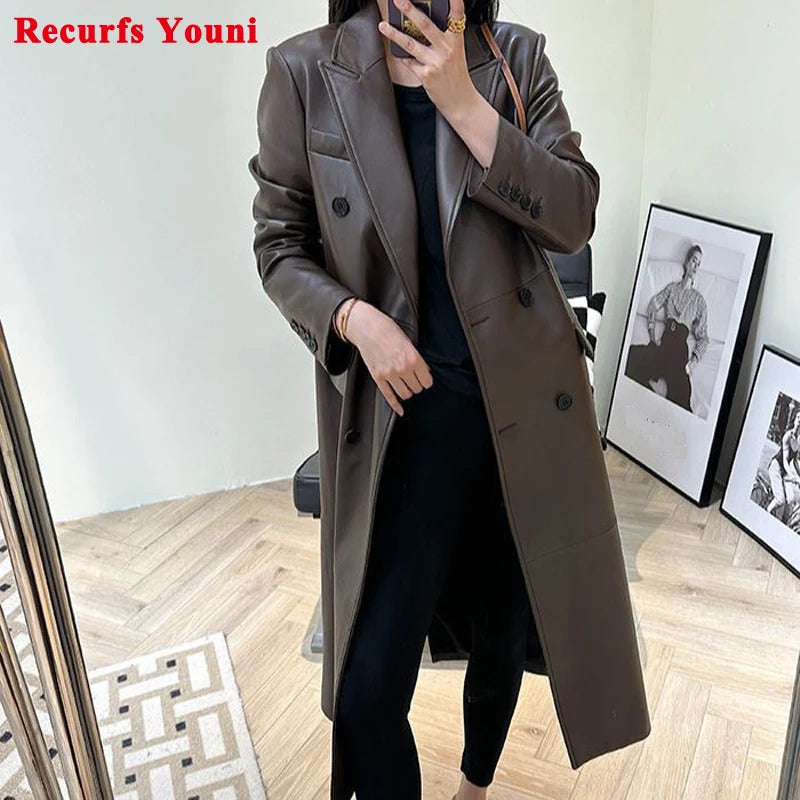 LUXURY Leather Outer Garment Women 2026 Suit Collar Double-Breasted Black Coffee Long Coat Women Streetwear Gabardina de Mujer