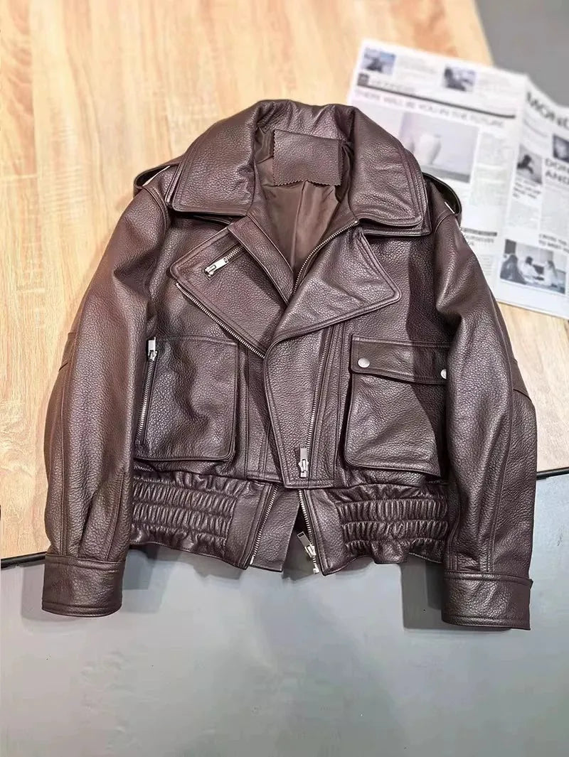 Punk Women Vintage Genuine Leather Jacket Lapel Streetwear Motorcycle Short Coat Loose Fit High Quality Real Sheepskin Outerwear