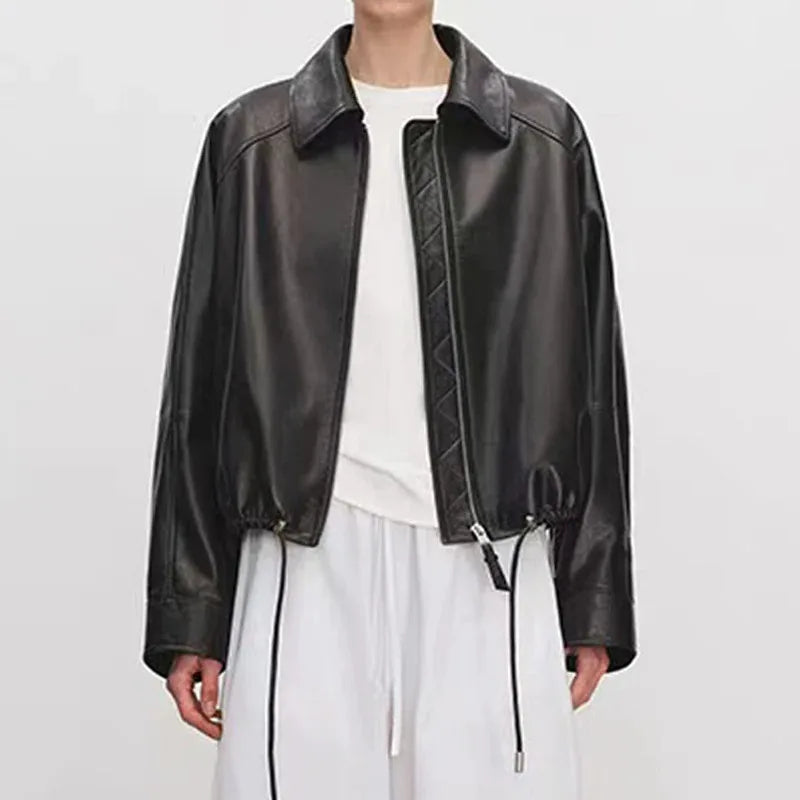 Real Leather Clothing for Women Lapel Drawstring Silhouette Short Coat Female Genuine Sheepskin Balloon Jacket Bomber Femme