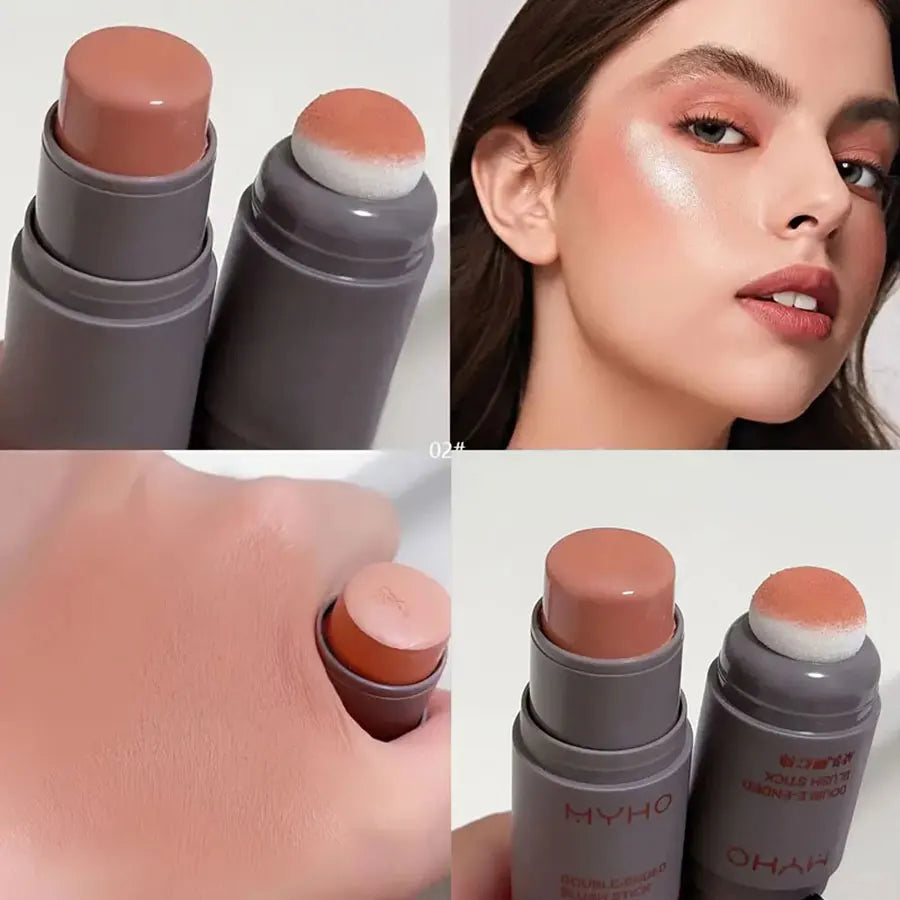 Double Head Sponge Monochrome Powder Blusher Lip and Cheek Dual-Use Durable Matte Natural Rouge Powder Blusher Stick Light Natur