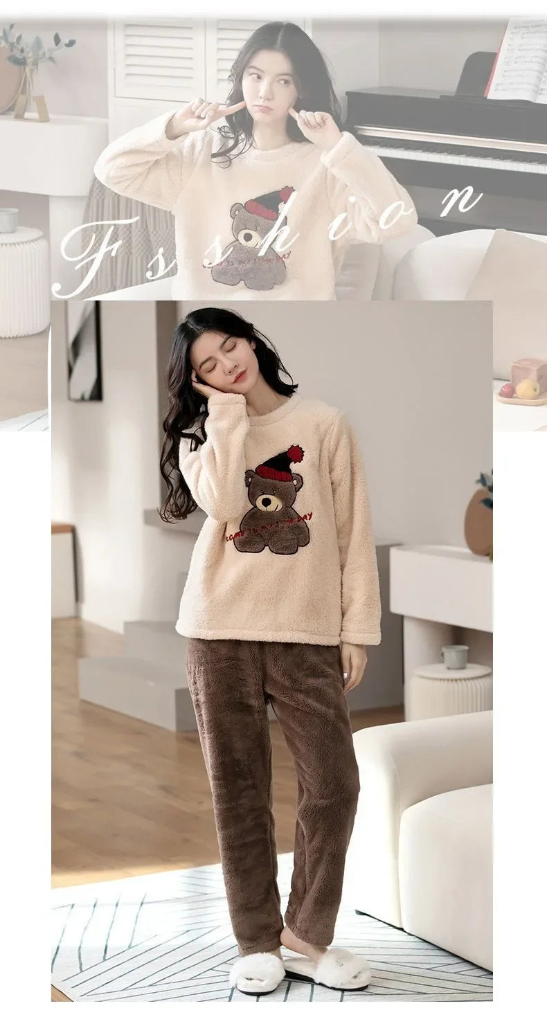 Thickened Warm Large Size Padded Fall and Winter Women's Pajamas Top and Pants Set Coral Velvet Ladies Cartoon Bear 2PCS/Set