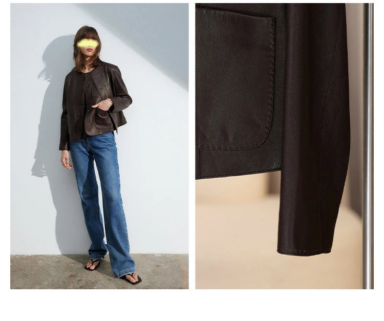 Women's Autumn Clothing European High Quality Sheepskin Casual O-Neck Single-Breasted Coffee Litchi Stria Genuine Leather Jacket