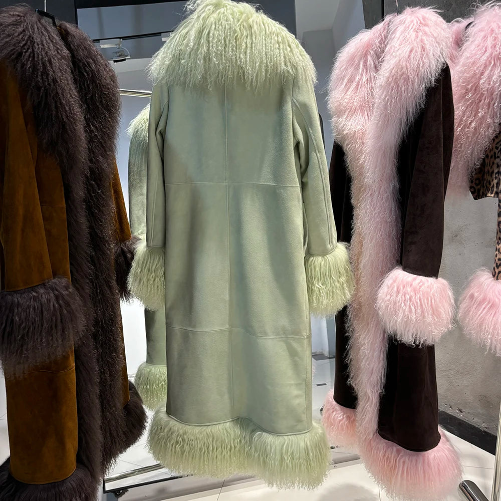 YOLOAgain Mongolia Sheep Fur Collar Real Leather Coat Women Suede Jacket 2025 Winter Outerwear