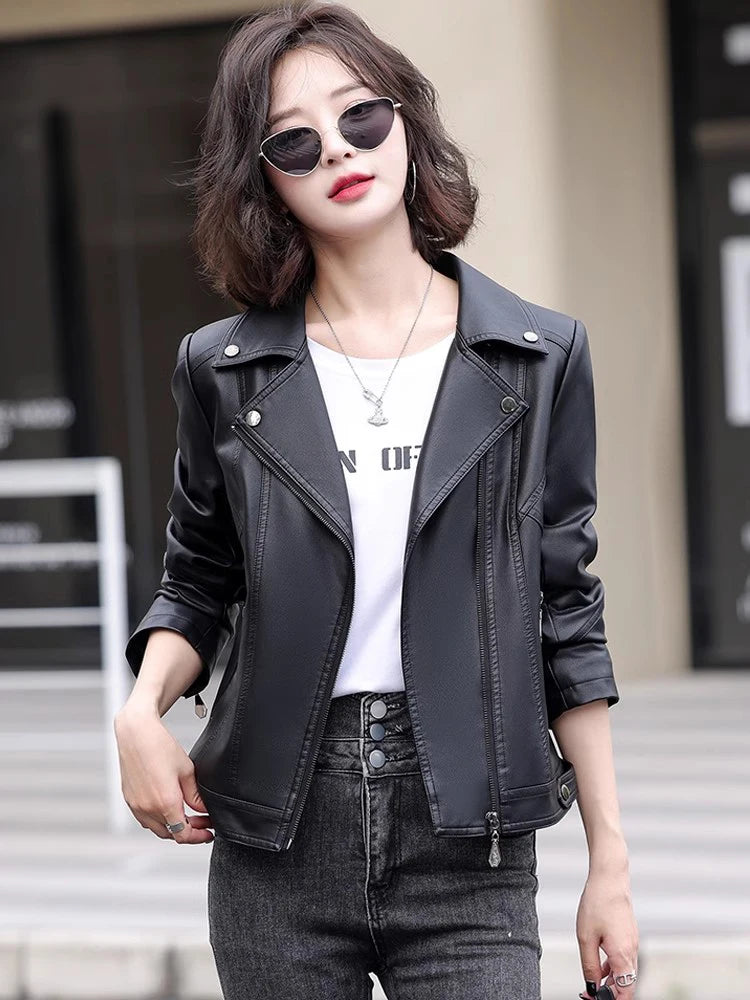 New Women Spring Autumn Leather Jacket Fashion Suit Collar Long Sleeve Motorcycle Jacket Casual Short Biker Coat Split Leather