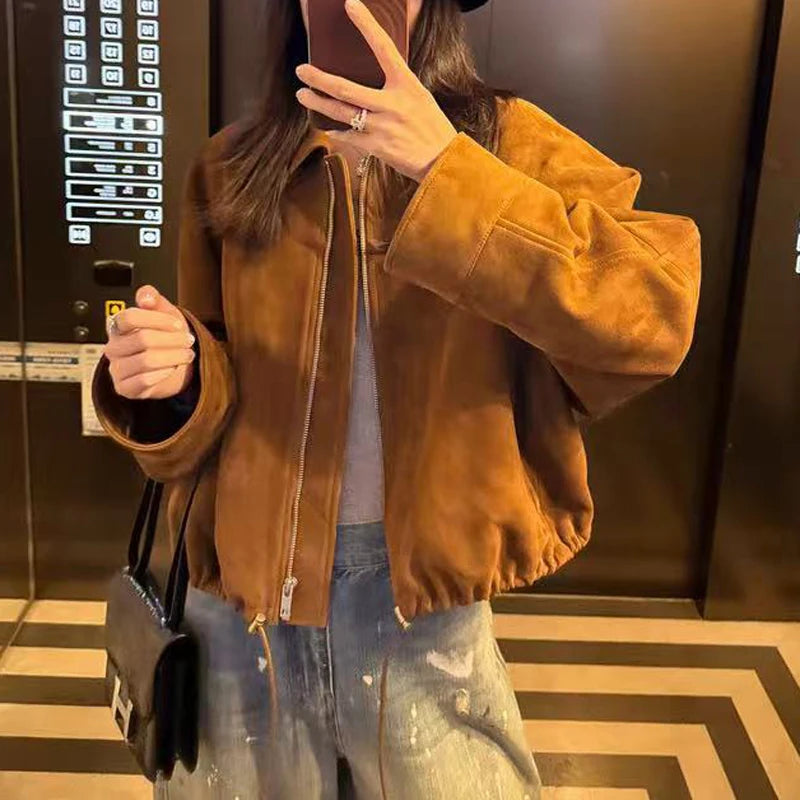 Suede Leather Flower Bud Jacket for Women Trendy Kid Suede Drawstring Silhouette Short Coat Streetwear Chill Casaco Feminino