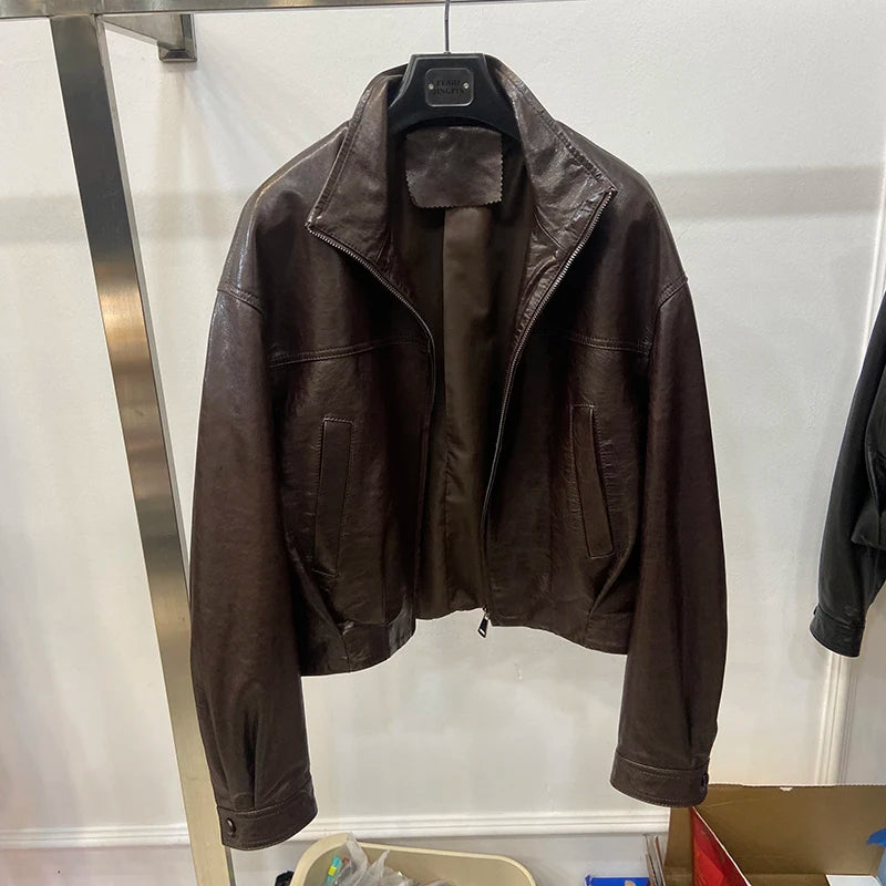 Women Spring Black Genuine Sheepskin Leather Short Jacket Coat Autumn Real Leather Jacket