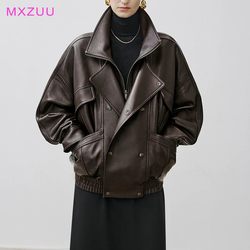 Brown Sheepskin Bubble Skin Coat Female Retro Double Layer Collar Double Breasted Zipper Loose Leather Jacket Winter Outerwear