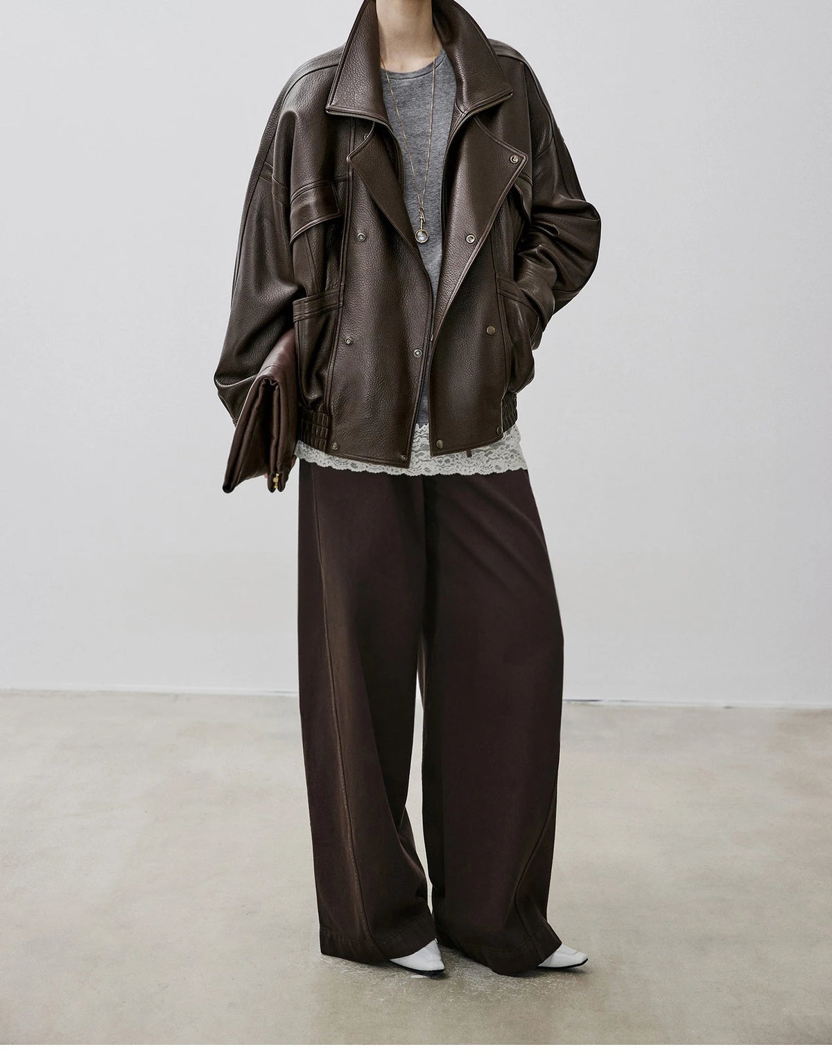 Brown Sheepskin Bubble Skin Coat Female Retro Double Layer Collar Double Breasted Zipper Loose Leather Jacket Winter Outerwear