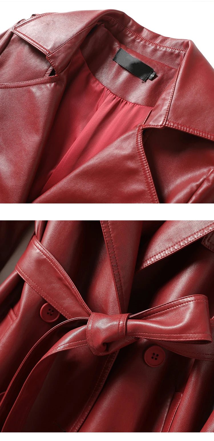 Vintage Wine Red Women's Split Sheep Leather Trench Coats Fashion Double-breasted Lace-up Belt Ladies Mid Long Sheepskin Outwear
