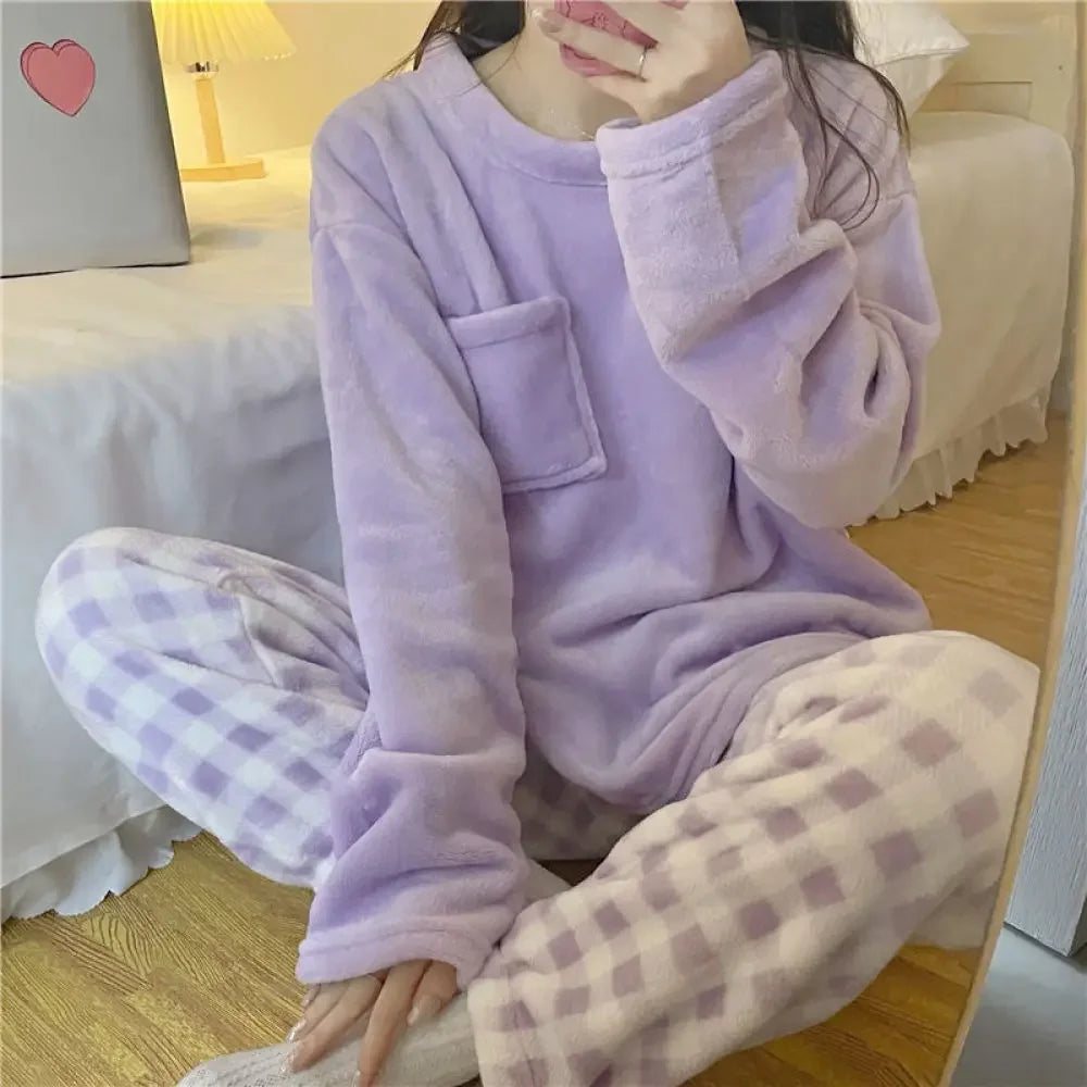 CHUANGERM Women's Casual Winter Fleece Pajamas Set, Thick Warm Soft Plaid Top And Pants Home Suit Pyjamas