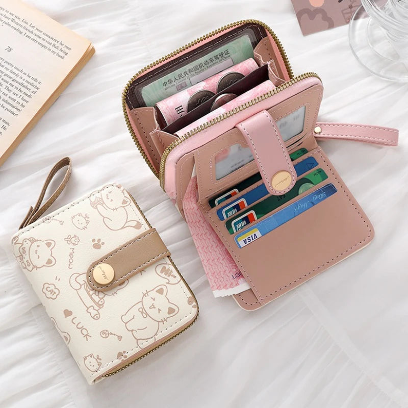 1pc Cute Cat Cartoon Coin Purse Girls Short Wallet PU Leather Large Capacity Lightweight ID Card Holder Mini Wallet Fashion