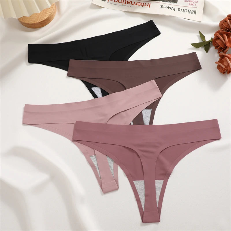 4PCS Ultra-thin Seamless Underwear Women's Invisible Panties Sexy Ice Silk Thongs Low Waist Breathable Bikini Stretchy Lingerie