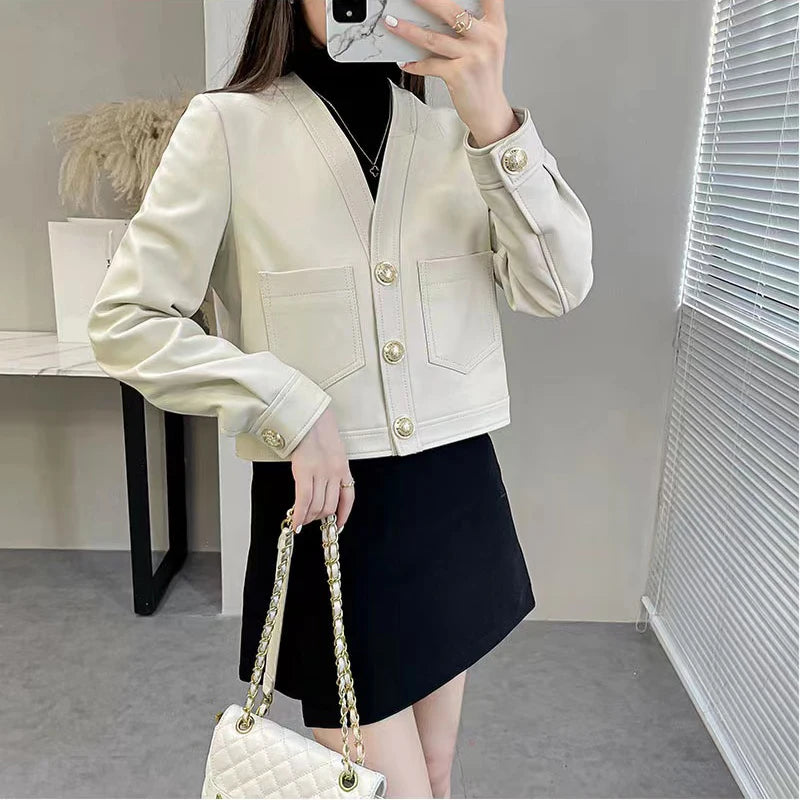 Genuine Sheepskin Casacas Para Mujer Women Casual V-neck Short Khaki/White/Black Leather Jacket Feminino Slim Tops Trendy Pocket