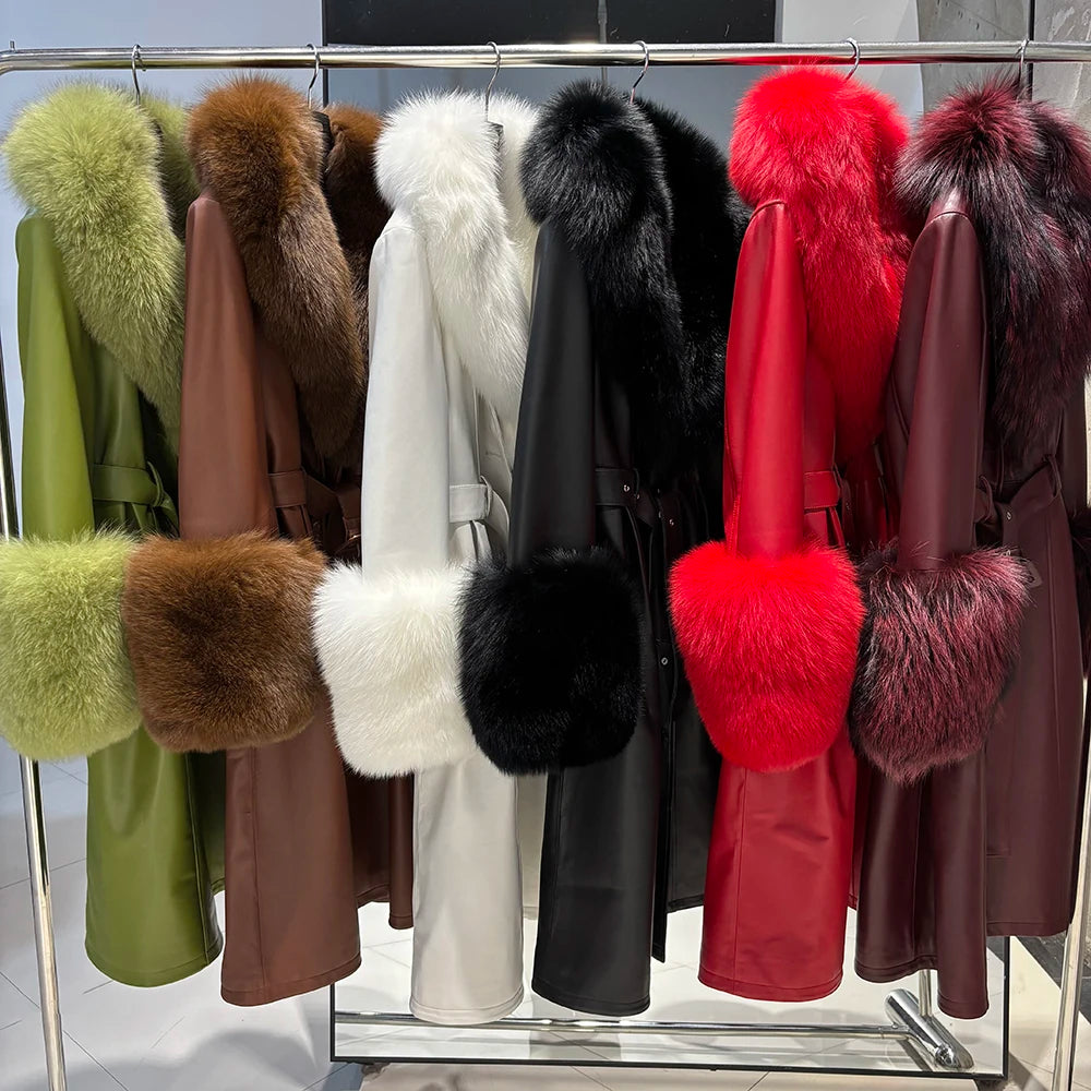 YOLOAgain Burgundy Real Fox Fur Collar Leather Trench Coat Women Genuine Leather Jacket Long Female