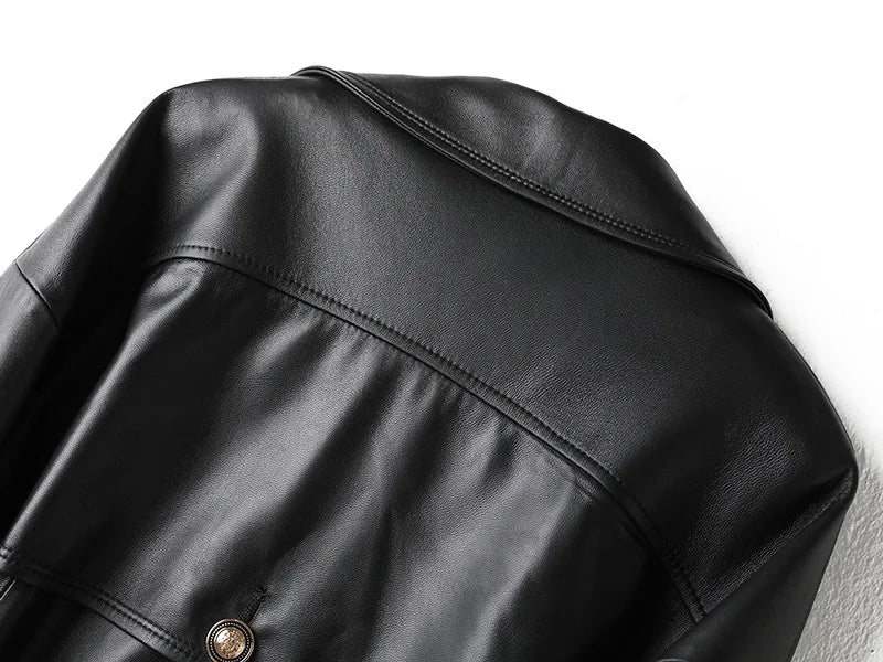 Leather Jacket for Women Spring Double-Breasted Belt Waist Closing Slim Ceket Kadın Imported Sheepskin Loose Short Trench Coat