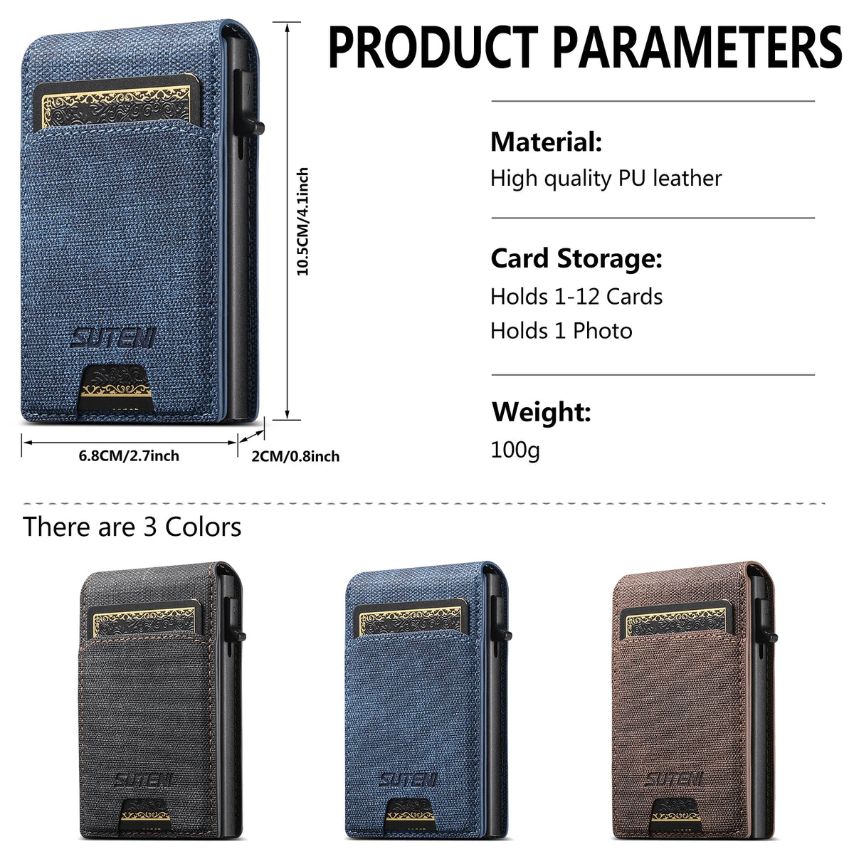 Push-out Card High Quality Faux Leather Card Holder Wallet Holder Large Capacity Can Hold 1-12 Cards 1 Photo Black/Brown/Blue