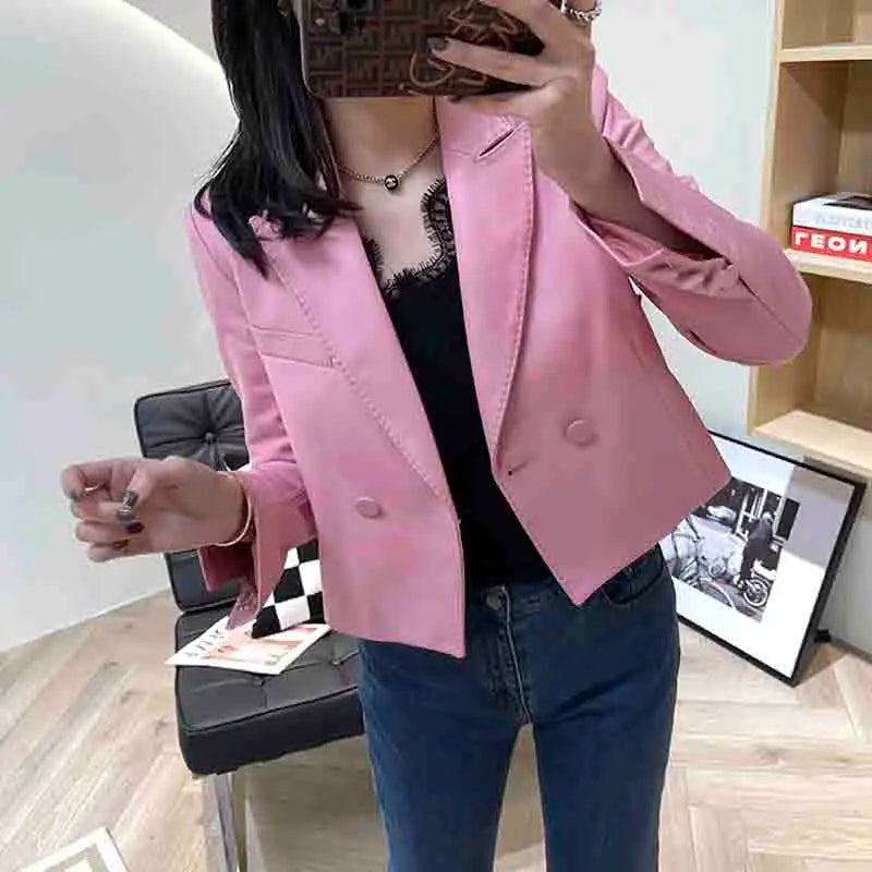 Suit Leather Jacket For Women 2025 Female 100% Sheepskin Lined Suit Collar Slim Short Quilted Coats Retro OL Sobretudo Feminino