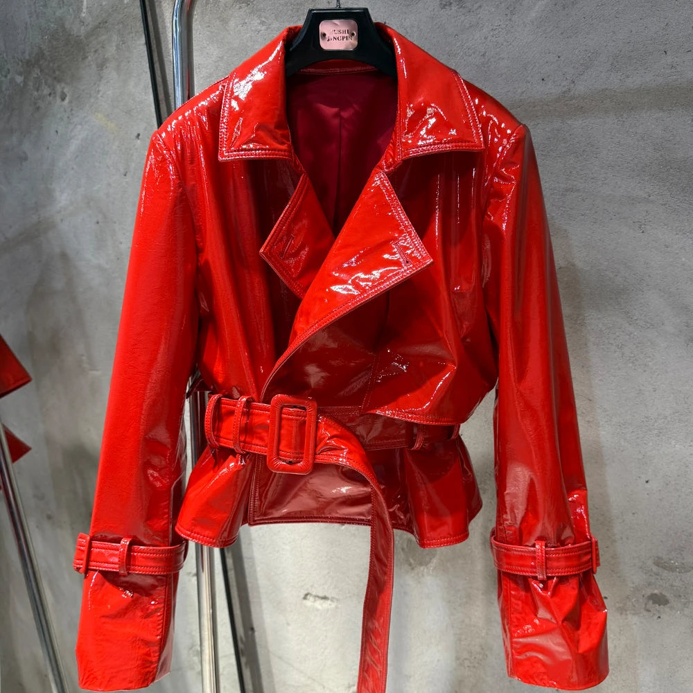 Croc Pattern Real Leather Jacket Autumn Outerwear For Female Cropped Belted Real Sheepskin Jacket